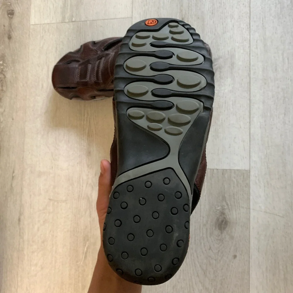 Merrell Mens Brown Leather Fisherman Sandals Closed Toe Hiking Shoes Air Cushion